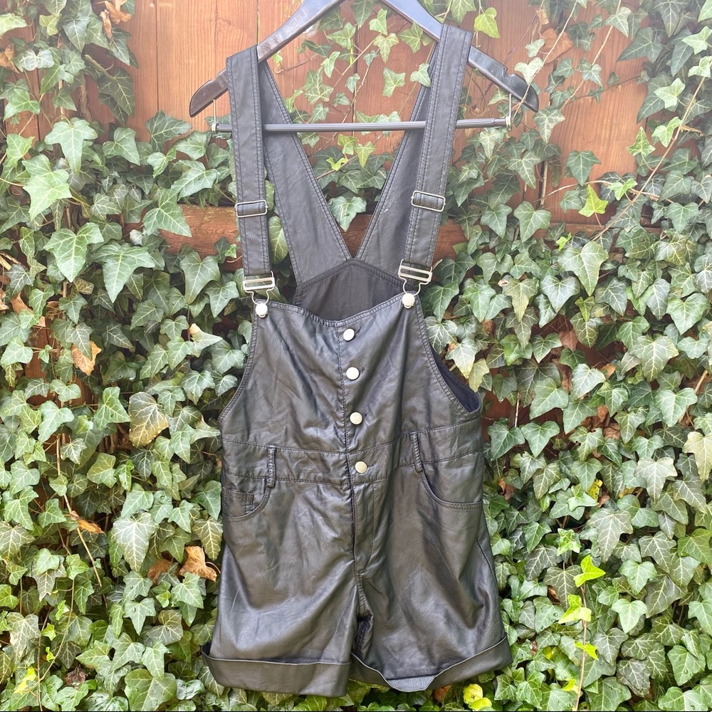 Faux Leather Shorts Button Up Overalls With Pockets